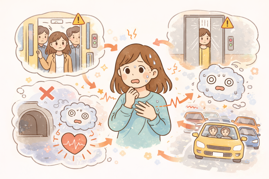 パニック発作の記憶と不安が重なって症状として現れる仕組みを表したイメージ