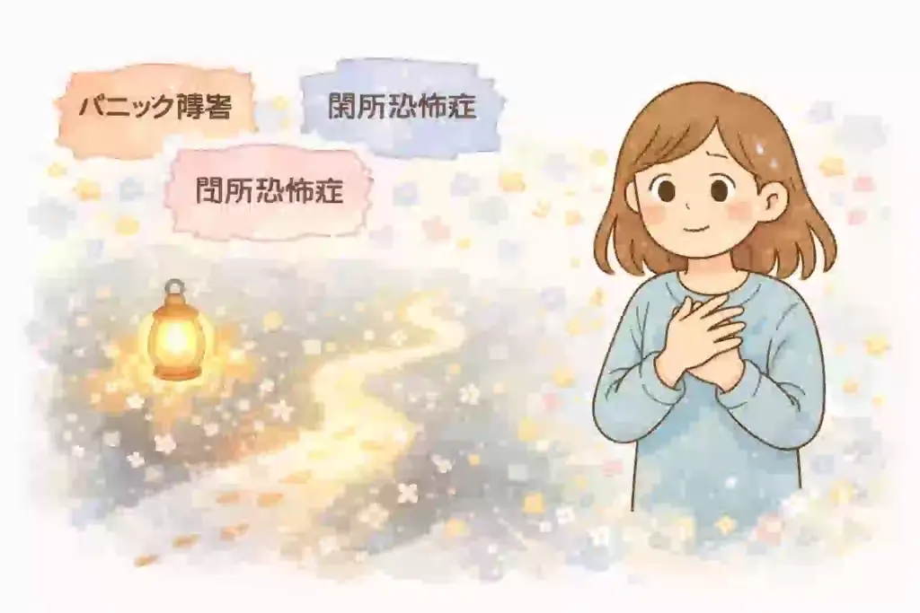 不安を整理しながら少し安心した気持ちで立ち止まっている様子を表したイメージ