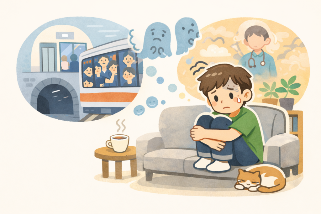 閉所恐怖症や広場恐怖症で、家にいるのに不安を感じる状態をやさしく説明しているイメージ 
