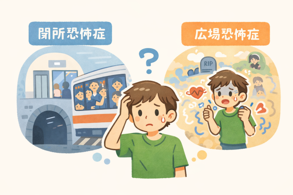 広場恐怖症と閉所恐怖症の違いが混同されやすい理由を、言葉の使われ方から整理しているイメージ 