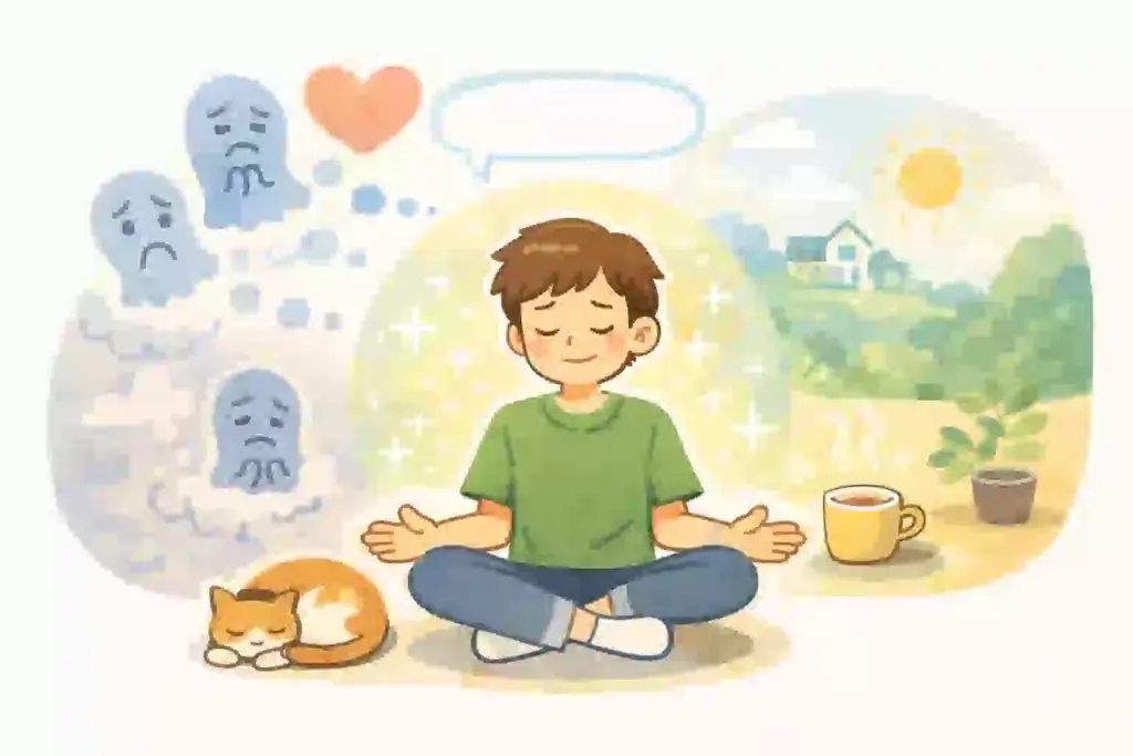 広場恐怖症や閉所恐怖症の不安を整理し、安心できる考え方を静かにまとめているイメージ 