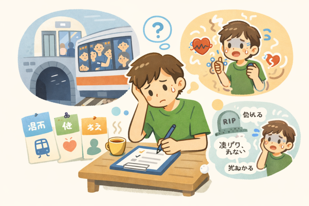 広場恐怖症と閉所恐怖症のセルフチェックで、不安が出やすい状況や体の反応を整理しているイメージ 