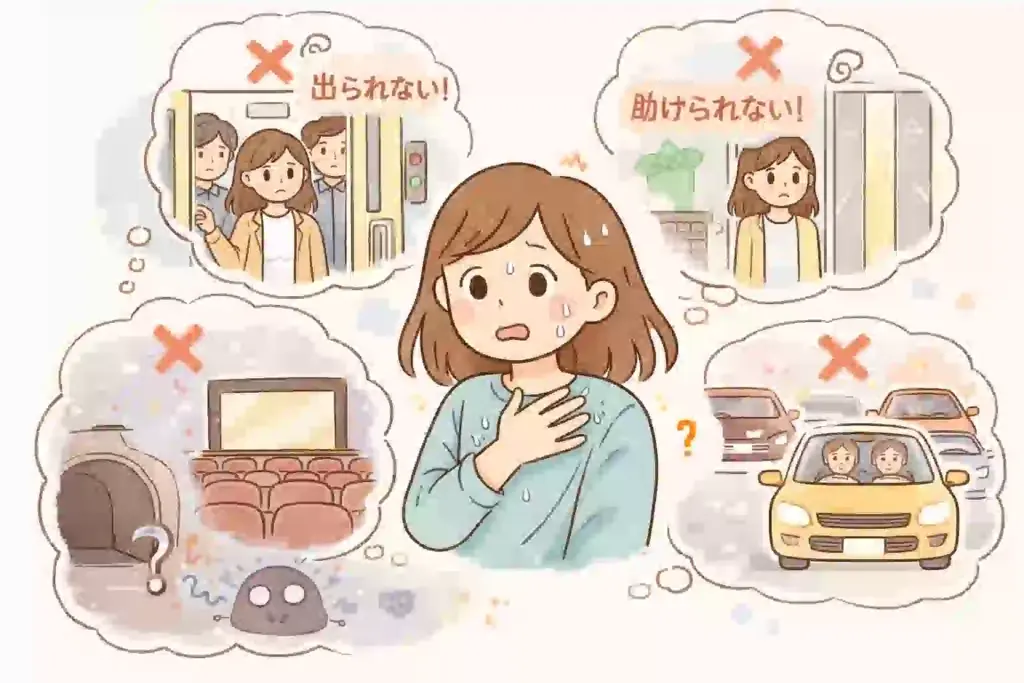 電車やエレベーターなど逃げにくい状況で不安を感じる広場恐怖症のイメージ